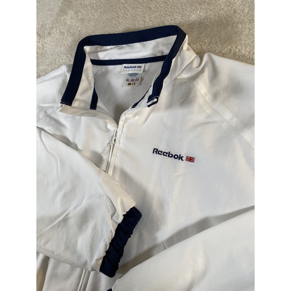 Vintage Reebok Classic Windbreaker Jacket Mens XL White Blue Full Zip Mesh Lined